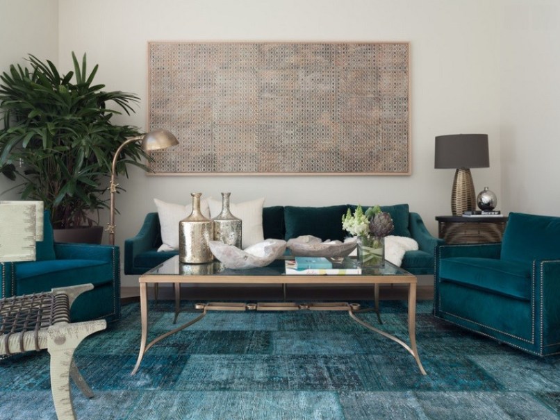 Teal-blue-overdyed-rug-in-an-eclectic-living-room