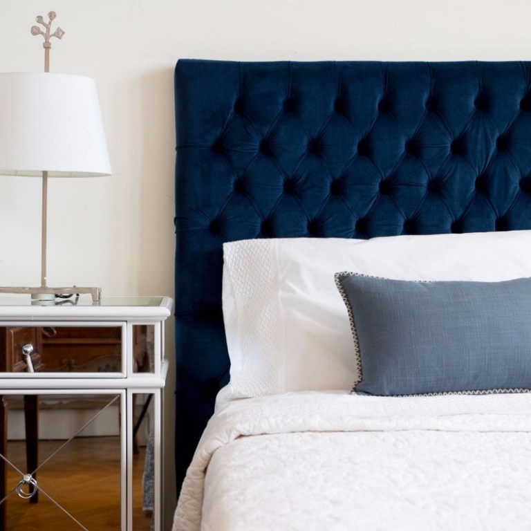 blue-upholstered-bed-mirrored-nightstand-blue-bedroom-ideas-modern-master-bedroom-design